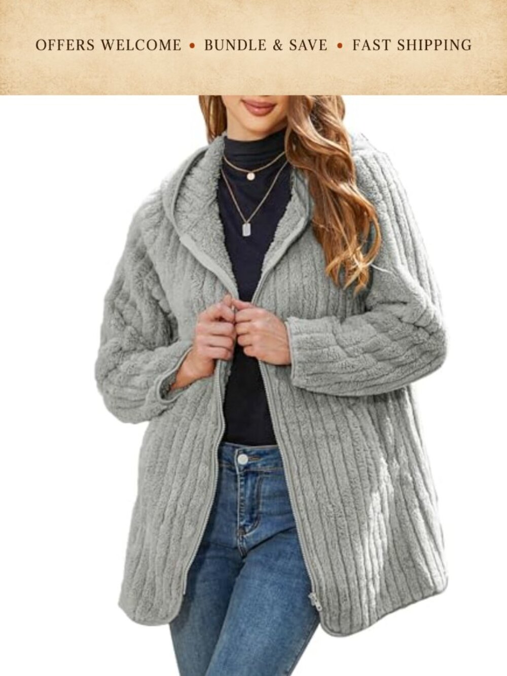 Womens Fuzzy Fleece Hooded Jacket Sherpa Full Zip Coat Warm Winter
